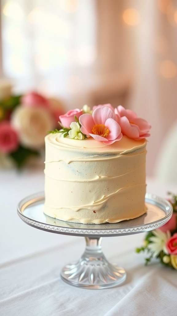 A small 4-inch cake decorated with flowers on a cake stand.